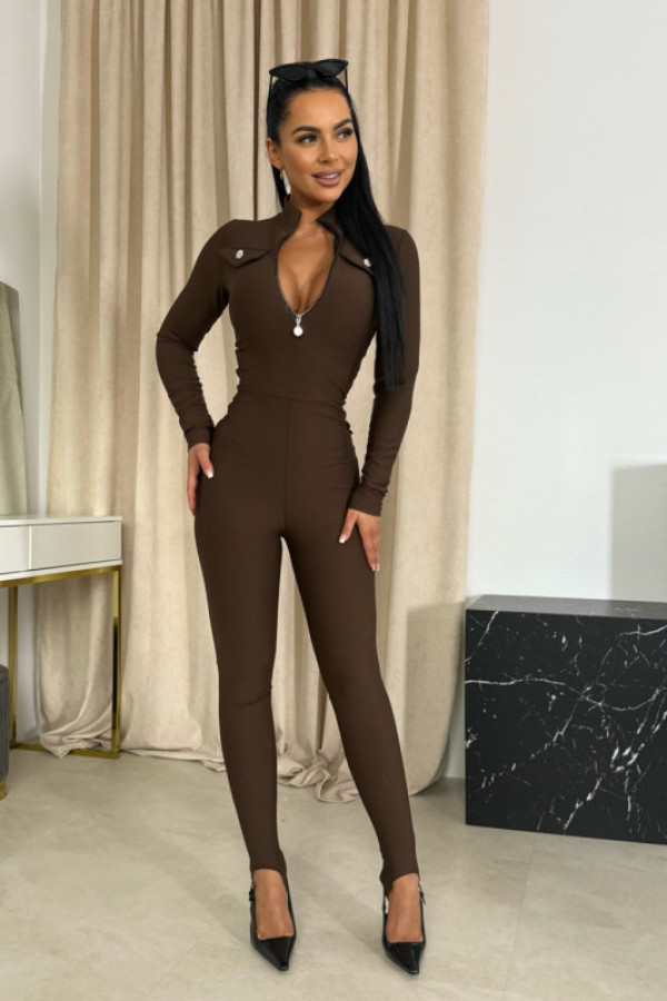Dopasowany kombinezon damski – prążkowany, brązowy, polska produkcja ines