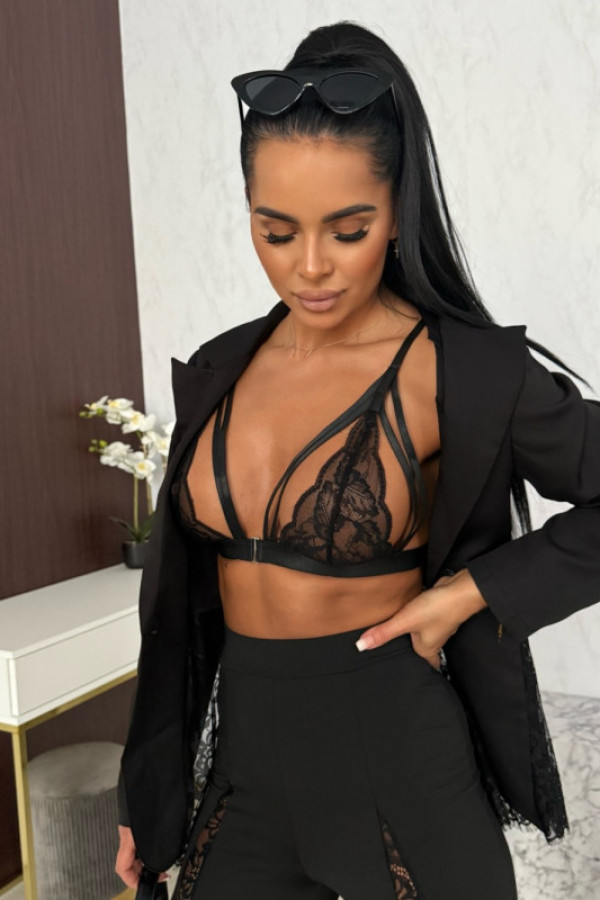 Czarny koronkowy biustonosz damski z ozdobnymi paskami i zapięciem z przodu diamond