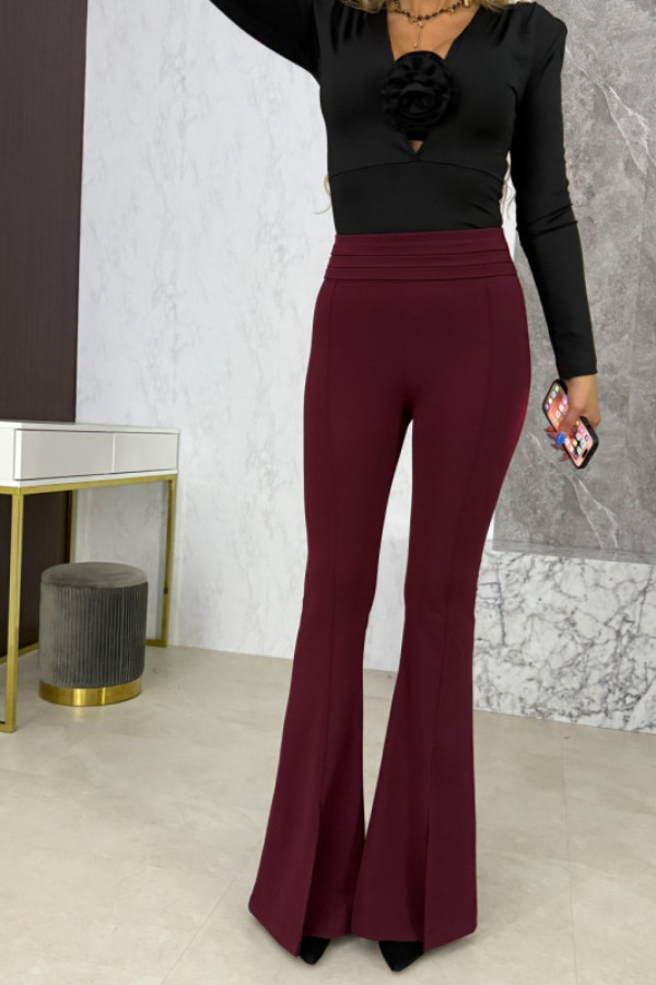 Spodnie dzwony damskie – elastyczne w pasie, bordowe