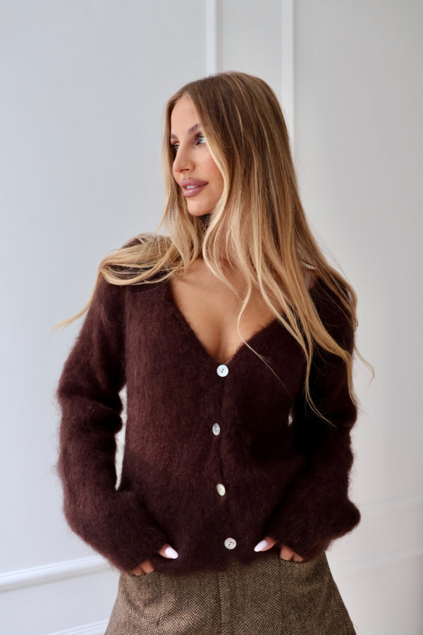 Kardigan 80% kid moher premium z dekoltem v czekolada elwood