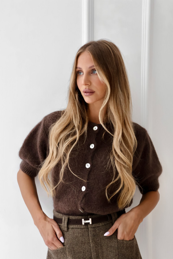 Kardigan z krótkim rękawem z moherem i wełną czekolada chester