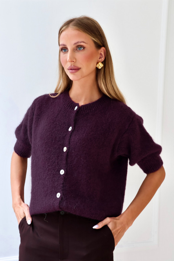 Kardigan z krótkim rękawem z moherem i wełną śliwka chester