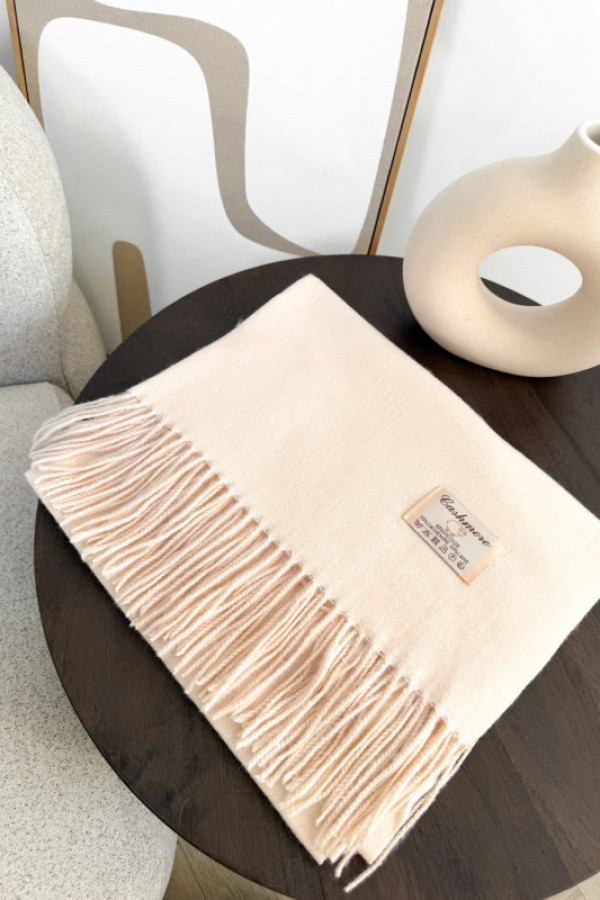 Szal z kaszmirem i wełną z frędzlami jasny beż snow