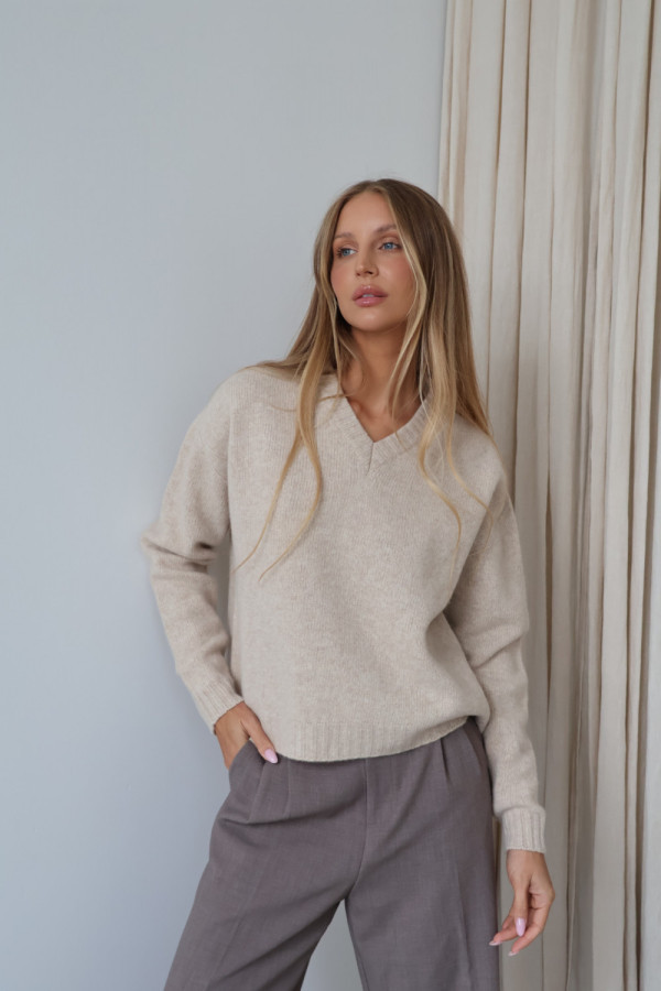 Sweter z dekoltem v 100% wełna merino premium beż seline