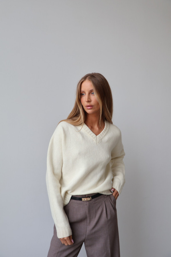 Sweter z dekoltem v 100% wełna merino premium śmietanka seline