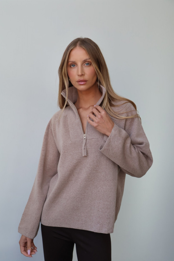 Sweter polo z zamkiem taupe arlon