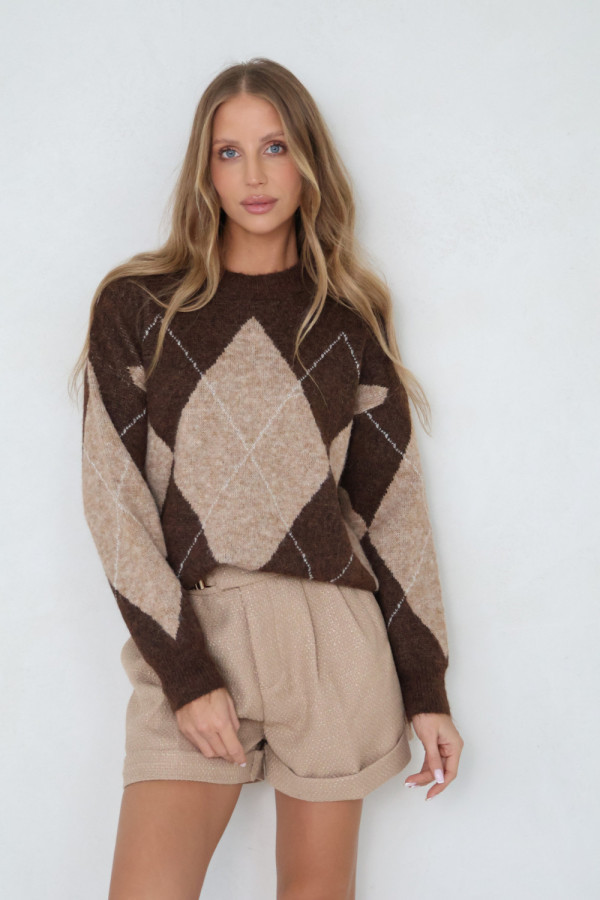 Sweter w romby brąz/beż roomby