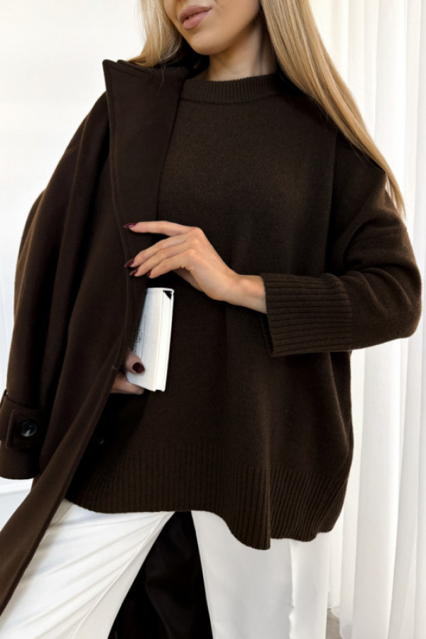 Sweter basic wełniany gorzka czekolada wolly