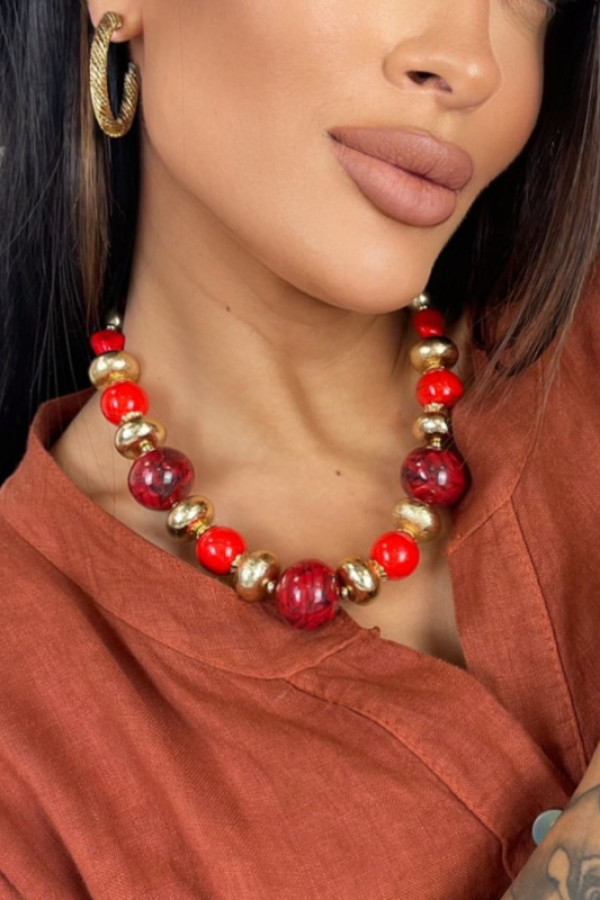 Naszyjnik czerwono-złoty z kulkami