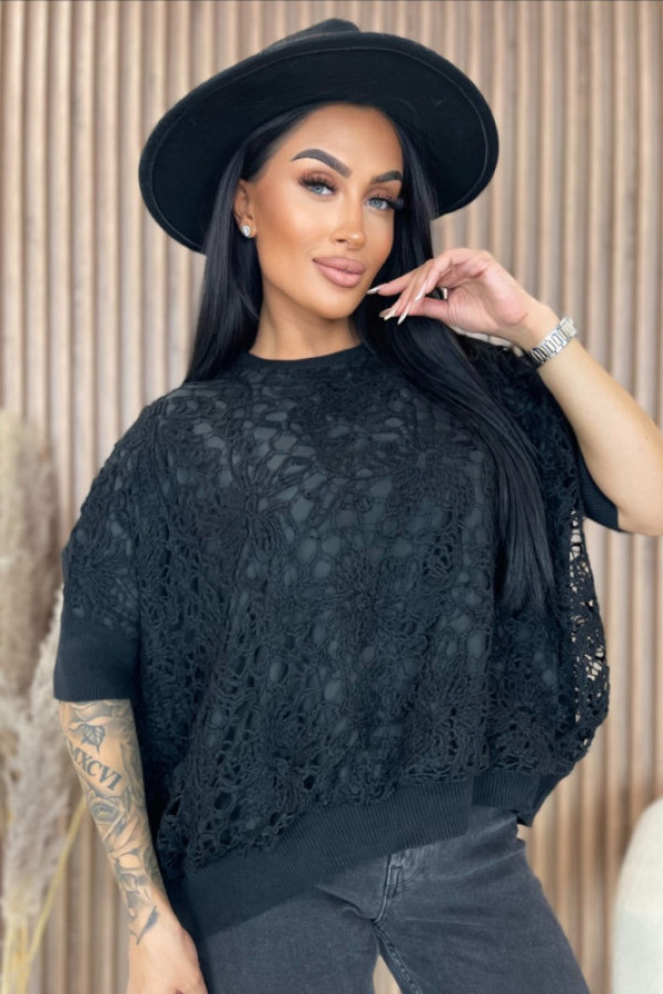 Sweterek ażurowy z krótkim rękawem czarny