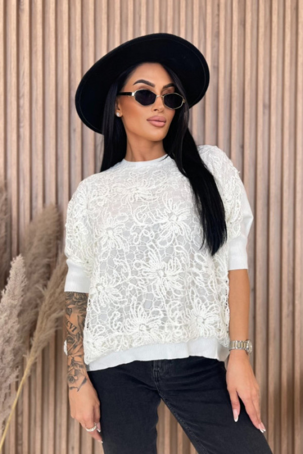 Sweterek ażurowy z krótkim rękawem biały