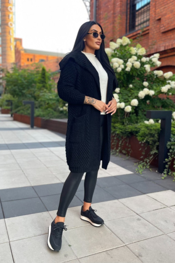 Kardigan długi z kapturem i kieszeniami plus size czarny