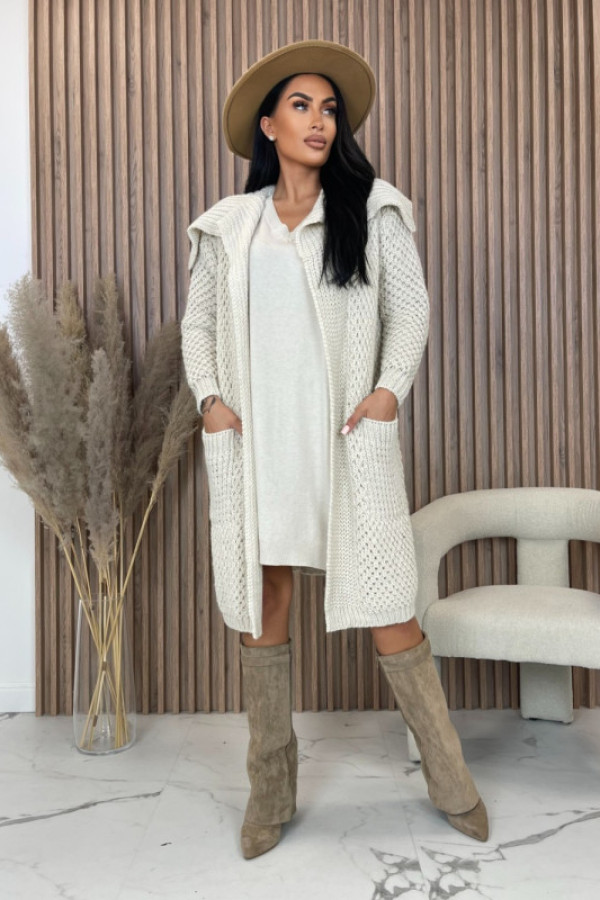 Kardigan długi z kapturem i kieszeniami plus size beżowy