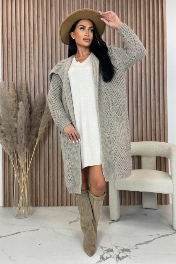 Kardigan długi z kapturem i kieszeniami plus size ciemny beż