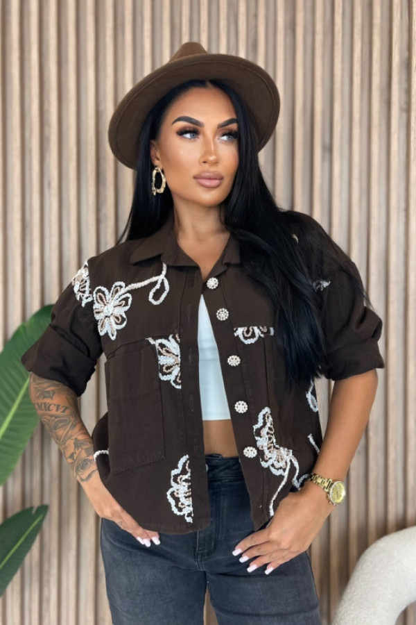 Kurtka z printem brązowo-biała