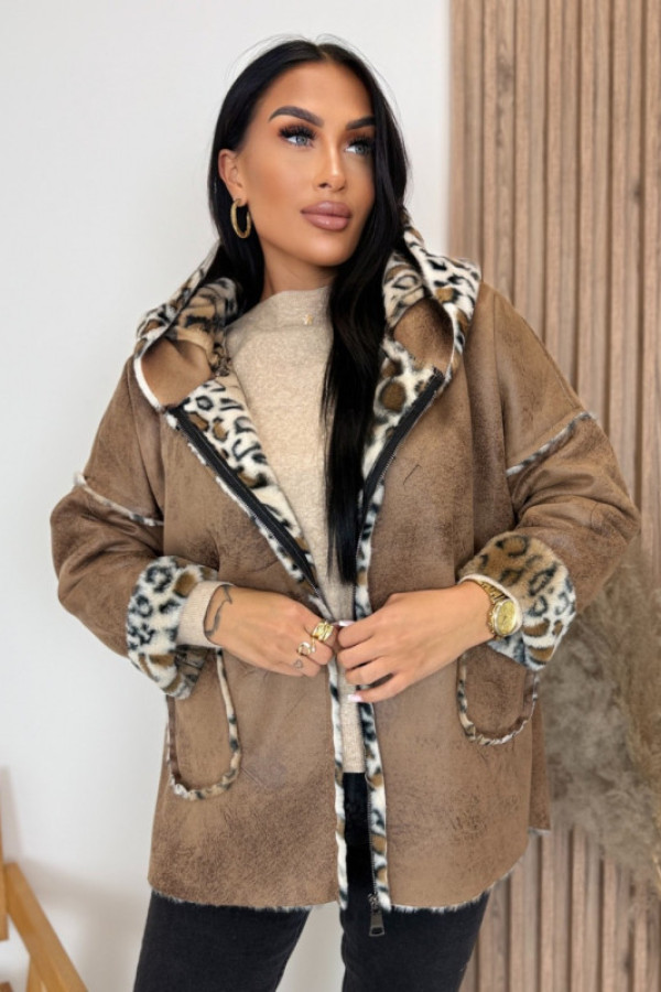 Płaszcz z podszewką w panterkę brązowy