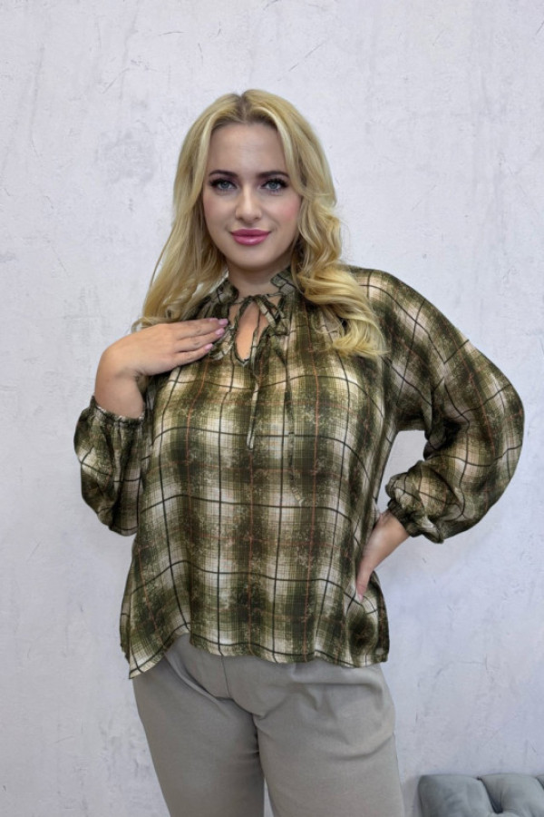 Bluzka w kratkę z wiązaniem zielona