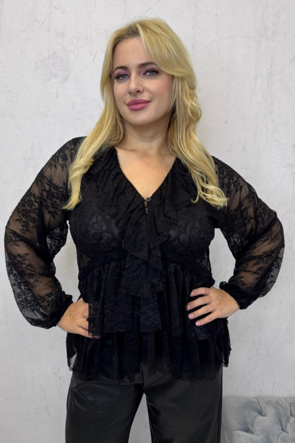 Bluzka z żabotem i koronką czarna