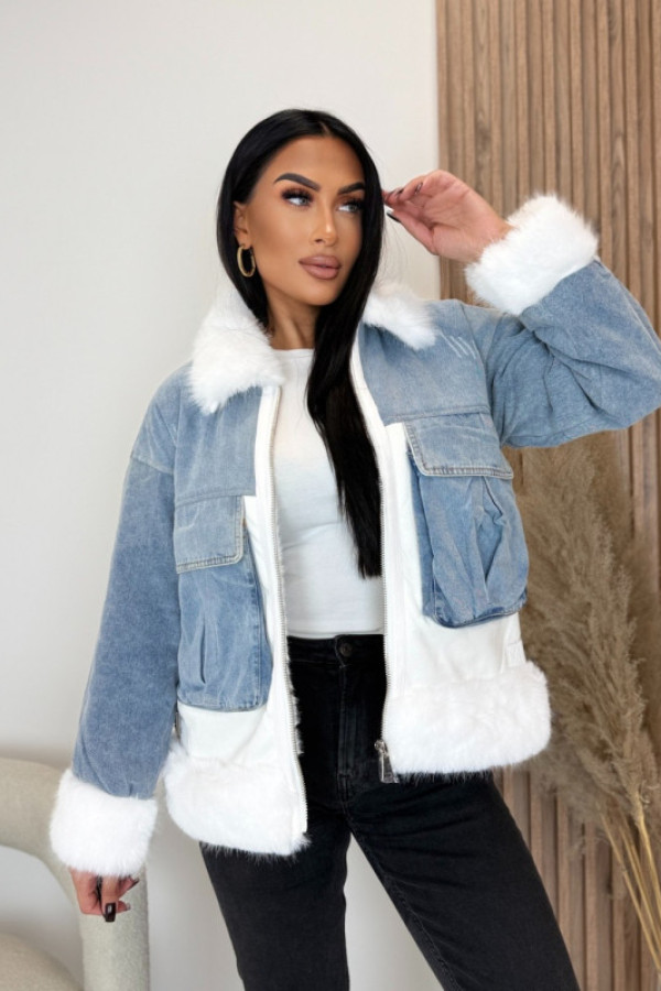 Kurtka jeansowa z futerkiem niebiesko-biała