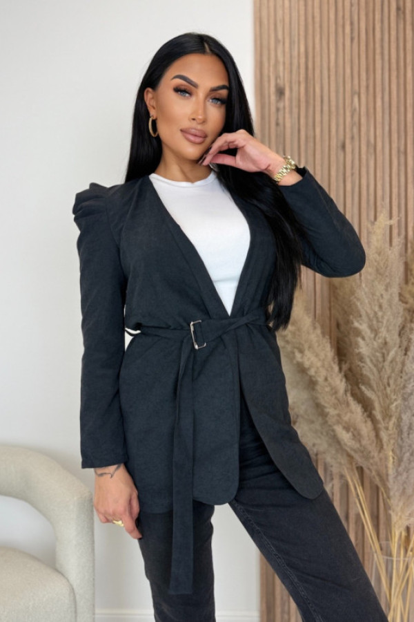 żakiet z bufkami i paskiem czarny