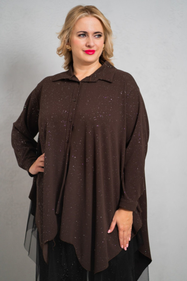 Elegancka czekoladowa koszula oversize z połyskiem i tiulem