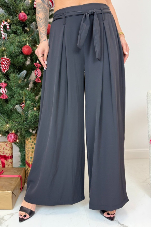 Eleganckie szerokie spodnie z wiązaniem w pasie – czarne