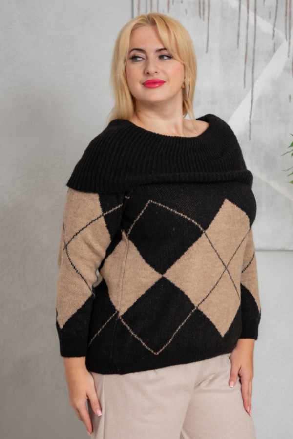 Czarno-beżowy sweter z szerokim kołnierzem