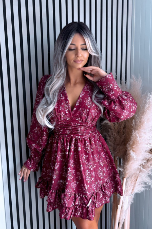 Sukienka paradox rozkloszowana w kwiaty bordowa