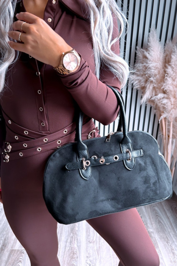 Torebka kuferek z ozdobnym paskiem czarna