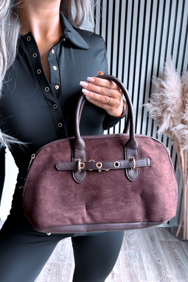 Torebka kuferek z ozdobnym paskiem czekoladowa