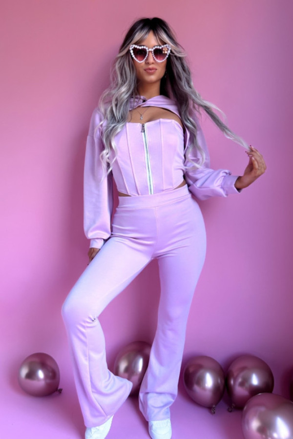 Komplet 3-częściowy „urban chic” – bluza z kapturem + gorset + legginsy z rozszerzaną nogawką liliowy