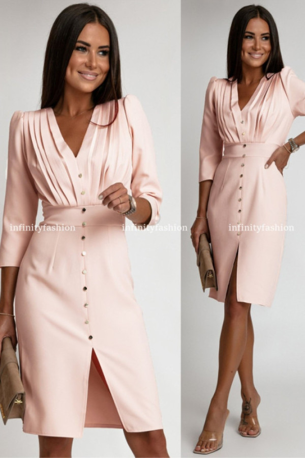 Elegancka sukienka midi z rozcięciem casandre pudrowy róż