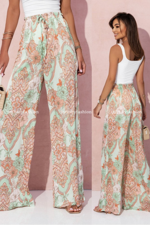 Zwiewne spodnie teresi ornament flowers miętowe