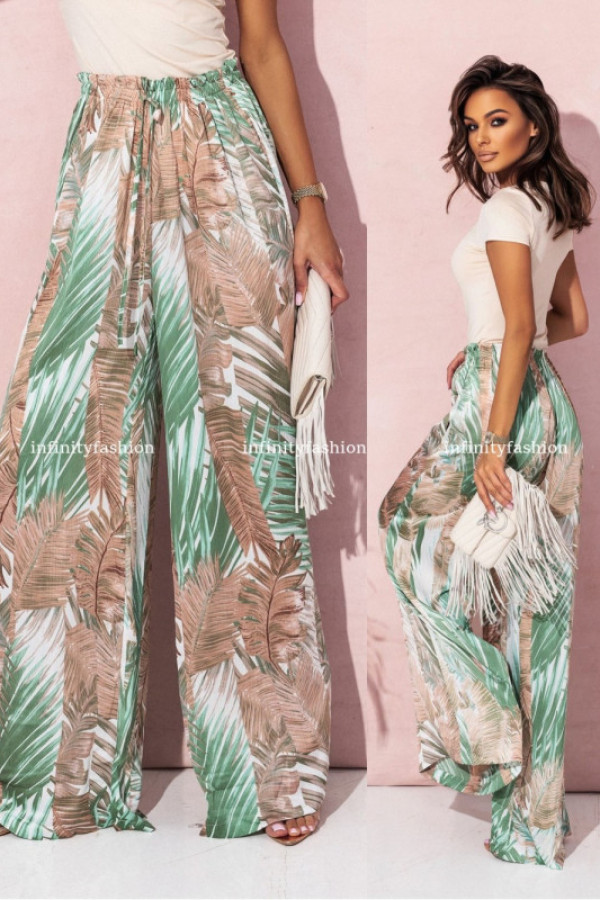 Zwiewne spodnie teresi leaf zielone/mokka