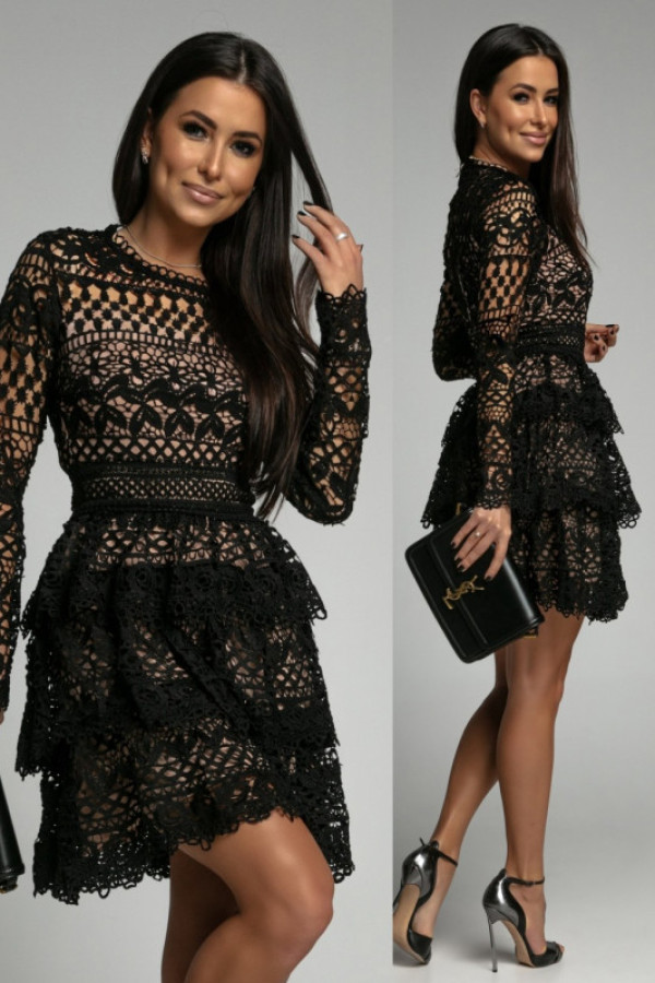 Ażurowa sukienka z falbanami sandbella czarno/beżowa