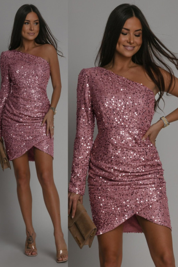 Cekinowa sukienka na jedno ramię lirenna brudny róż