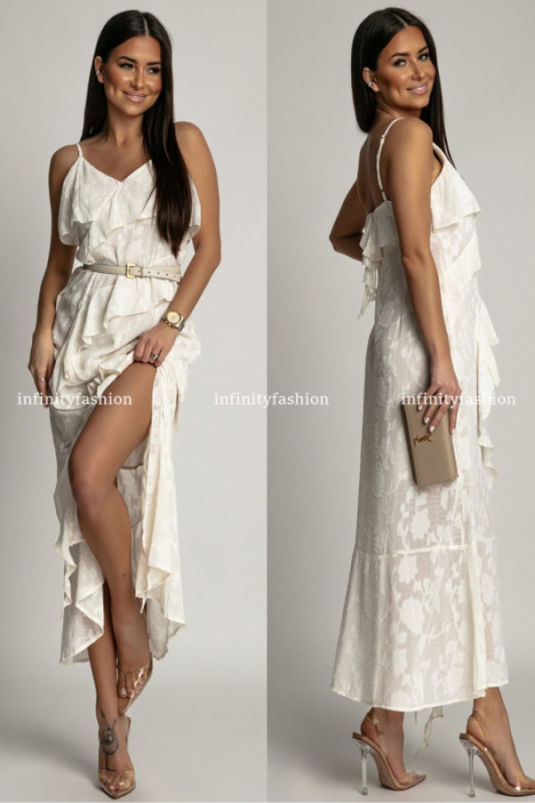 Zwiewna sukienka maxi z falbanami crotia kremowa