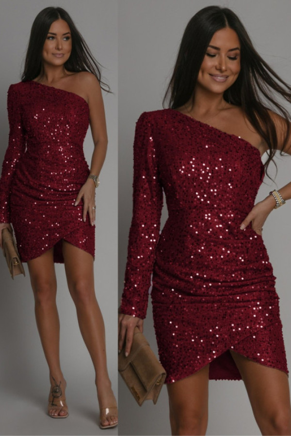 Cekinowa sukienka na jedno ramię lirenna bordowa
