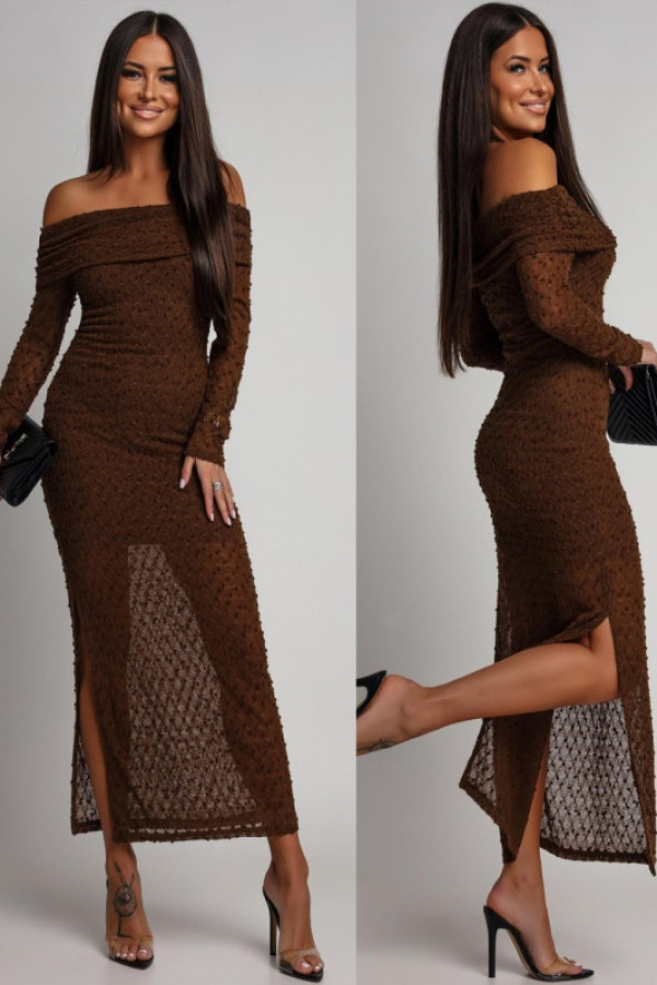 Dzianinowa sukienka hiszpanka maxi lemoria brązowa