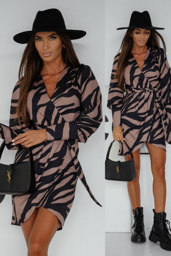 Kopertowa sukienka z paskiem vemres zebra mokka/czarna