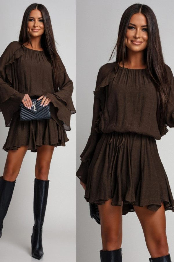 Zwiewna sukienka z falbanami i paskiem marcisia brązowa