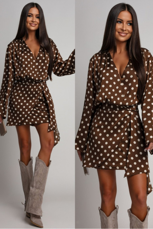 Elegancka sukienka mini w grochy renatte brązowa