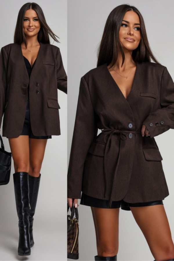 Elegancka marynarka z paskiem henretia brązowa