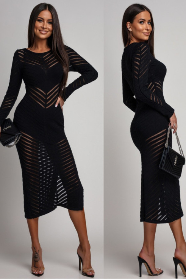 Dzianinowa sukienka midi z ażurowym zdobieniem gendia czarna