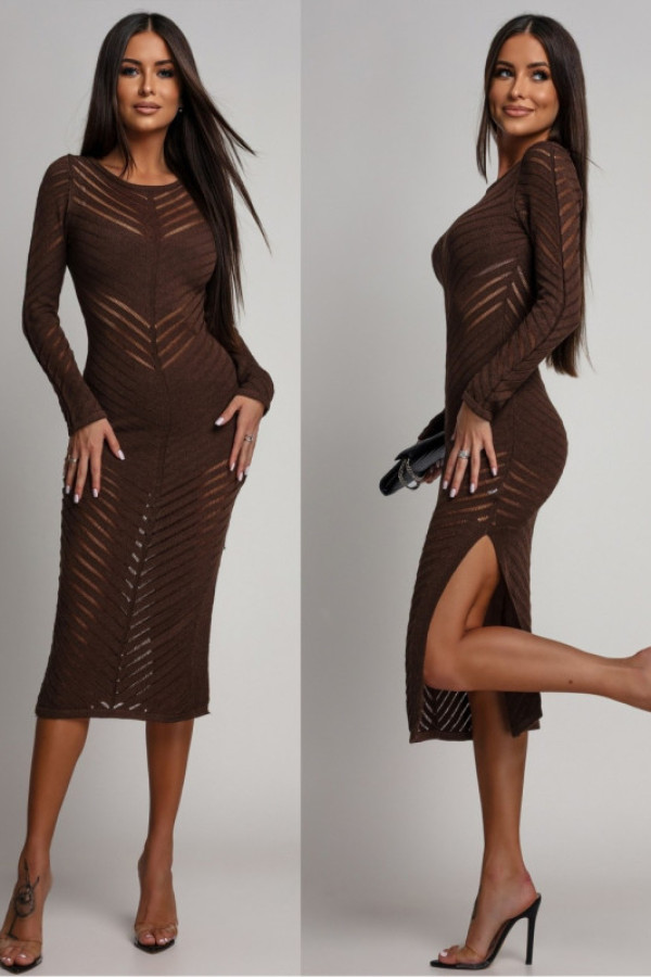 Dzianinowa sukienka midi z ażurowym zdobieniem gendia brązowa