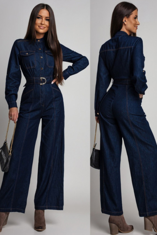 Jeansowy kombinezon maxi z paskiem crispine granatowy