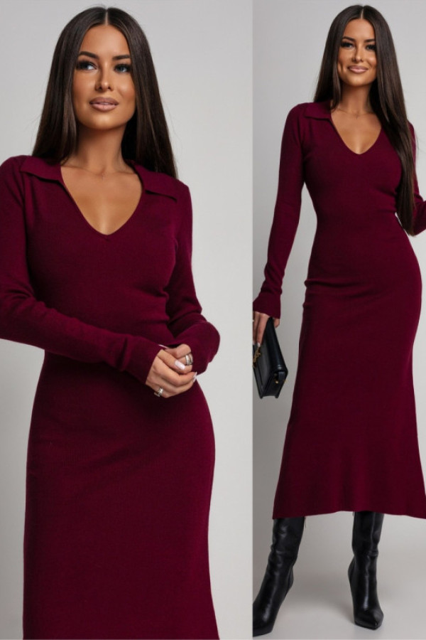 Dzianinowa sukienka midi z kołnierzykiem joyllie bordowa