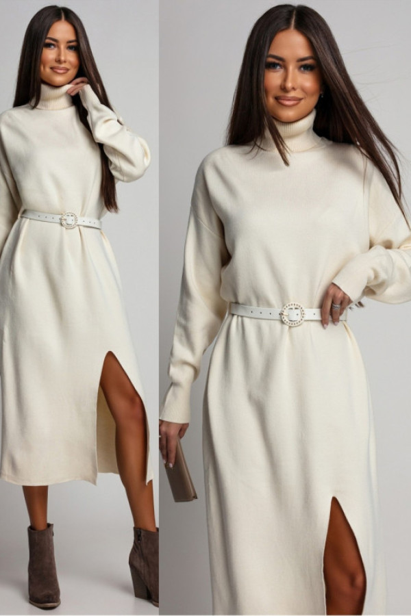 Dzianinowa sukienka midi z paskiem smilenna kremowa