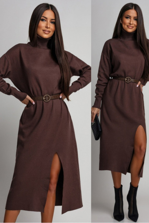 Dzianinowa sukienka midi z paskiem smilenna brązowa