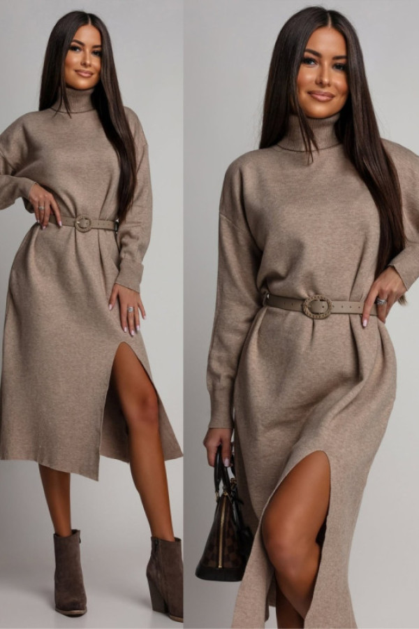 Dzianinowa sukienka midi z paskiem smilenna beżowa